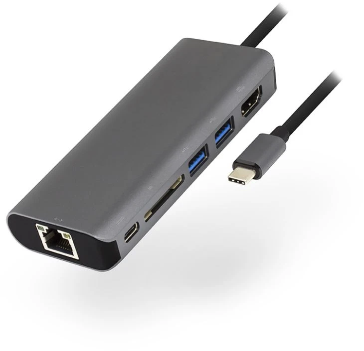 USB-C Multi-port til HDMI 4K, 2-Port USB3.0, Kortlæser, Type C-strømforsyning og Gigabit Ethernet-adapter